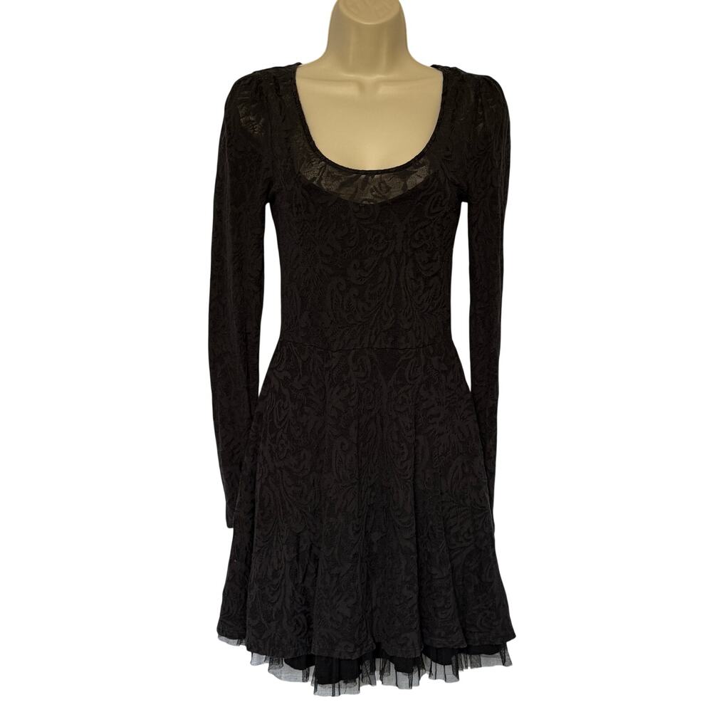 Free People Victorian Loves Lace Dress Black Burnout Long Sleeve Tulle Hem Sz SP
